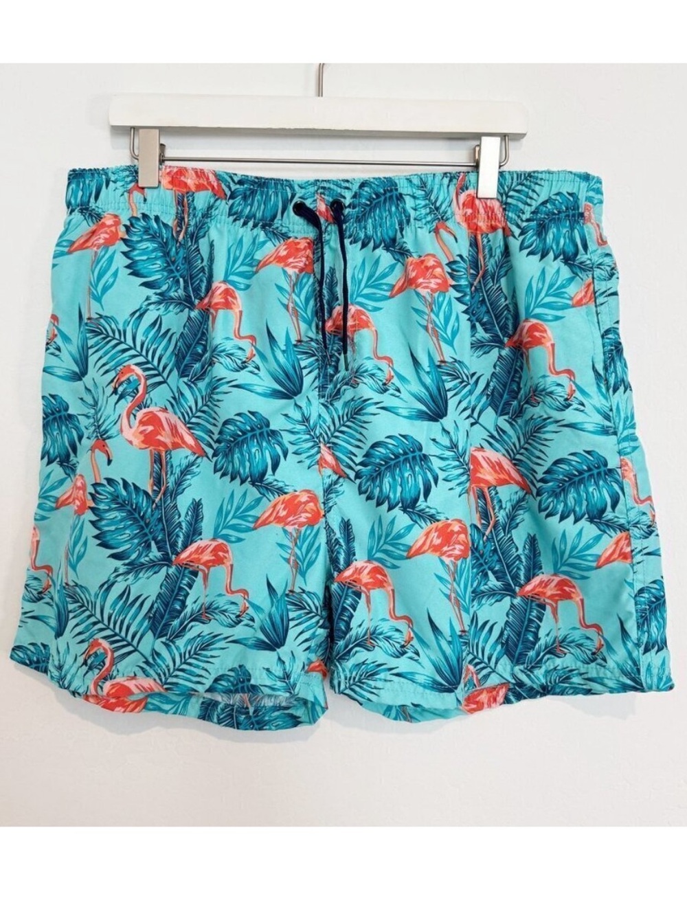 Pacific Scene Swim Trunks Size XL Blue Flamingo Lined Mesh Pocket Coastal Beachy
